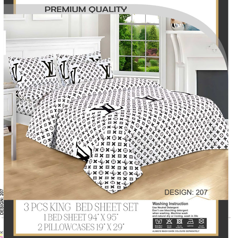 ⚪🖤 VL Statement – White Base Designer Print Bedsheet