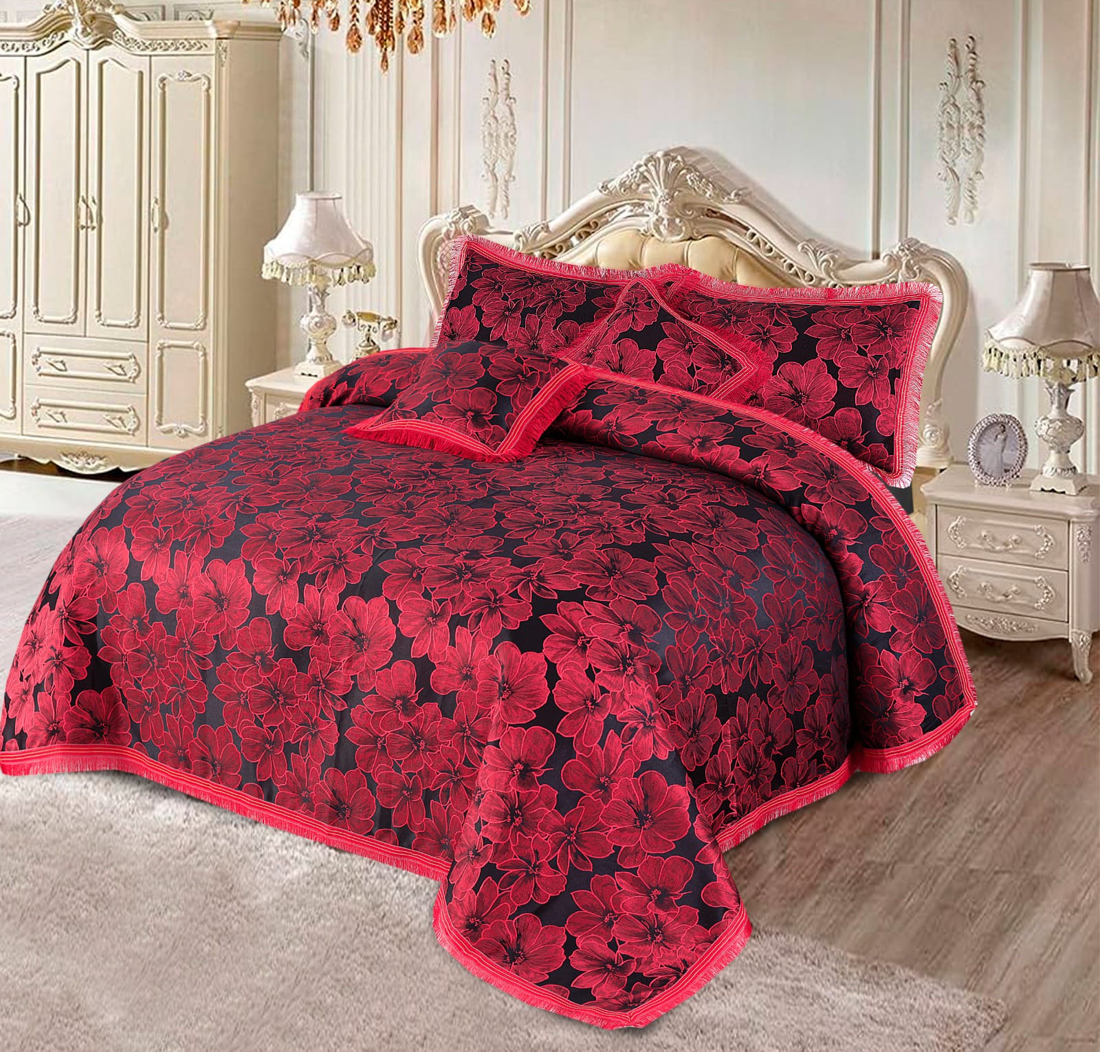 🔥 Bold Elegance: Red & Black Luxury Bedsheet Set (4 pieces Shinghai Fabric)