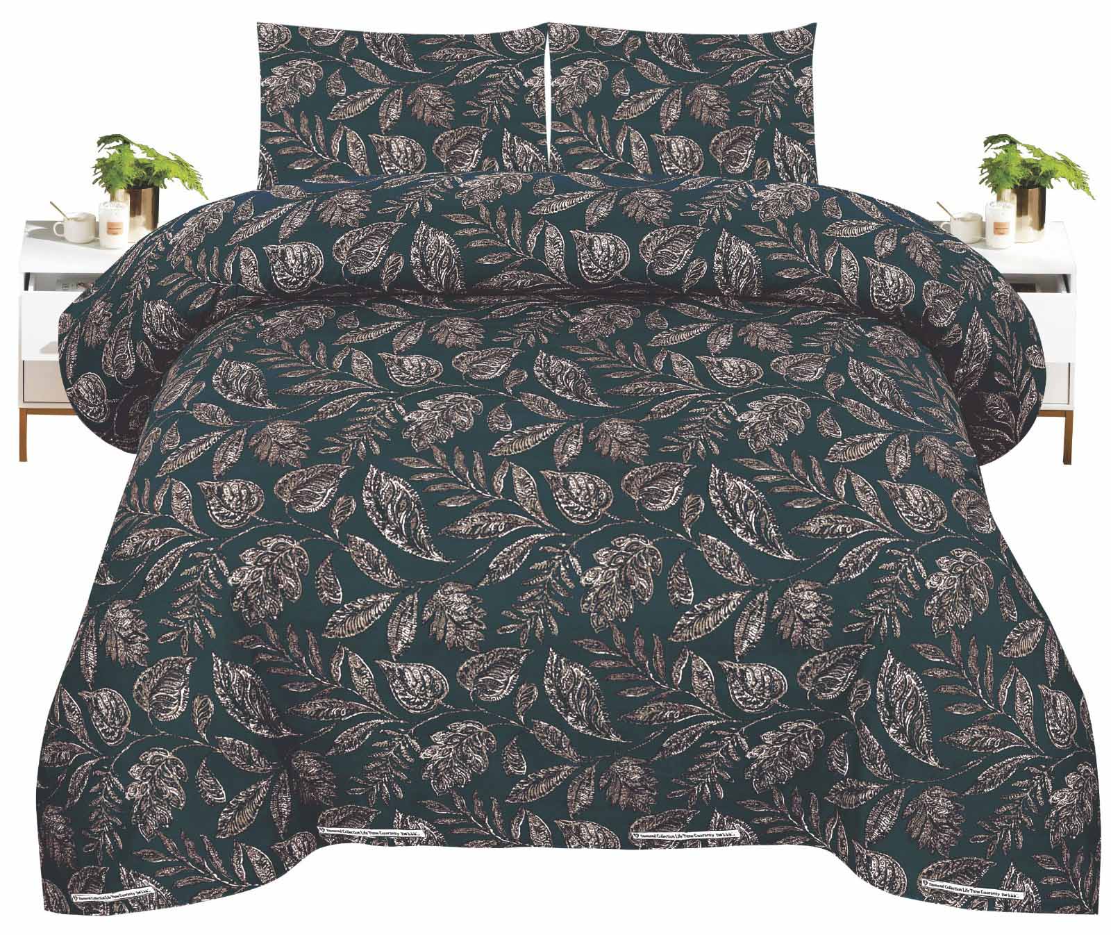Bottle Green Leafy Printed Bedsheet – Premium Cotton Comfort