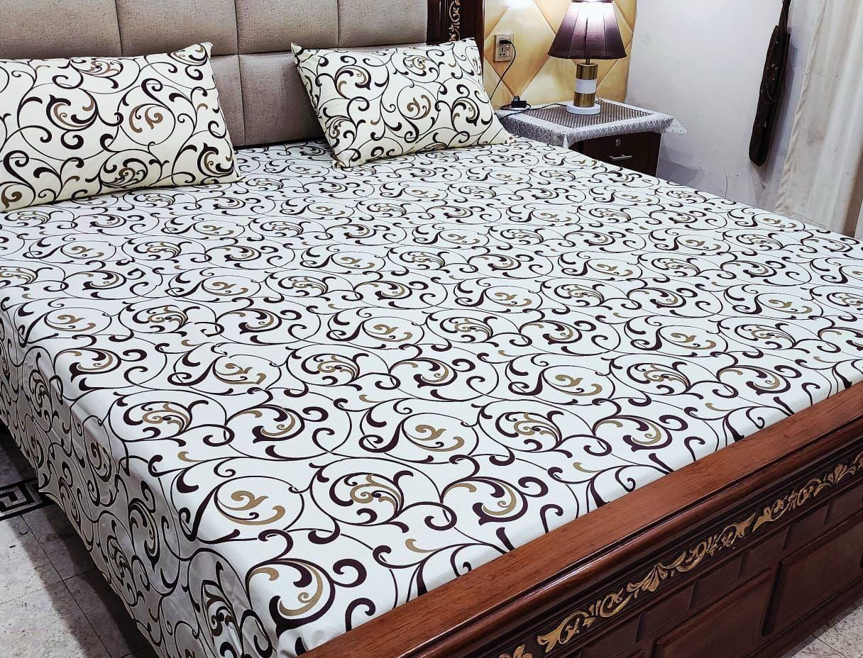 White Cotton Bedsheet with Elegant Swirl Print