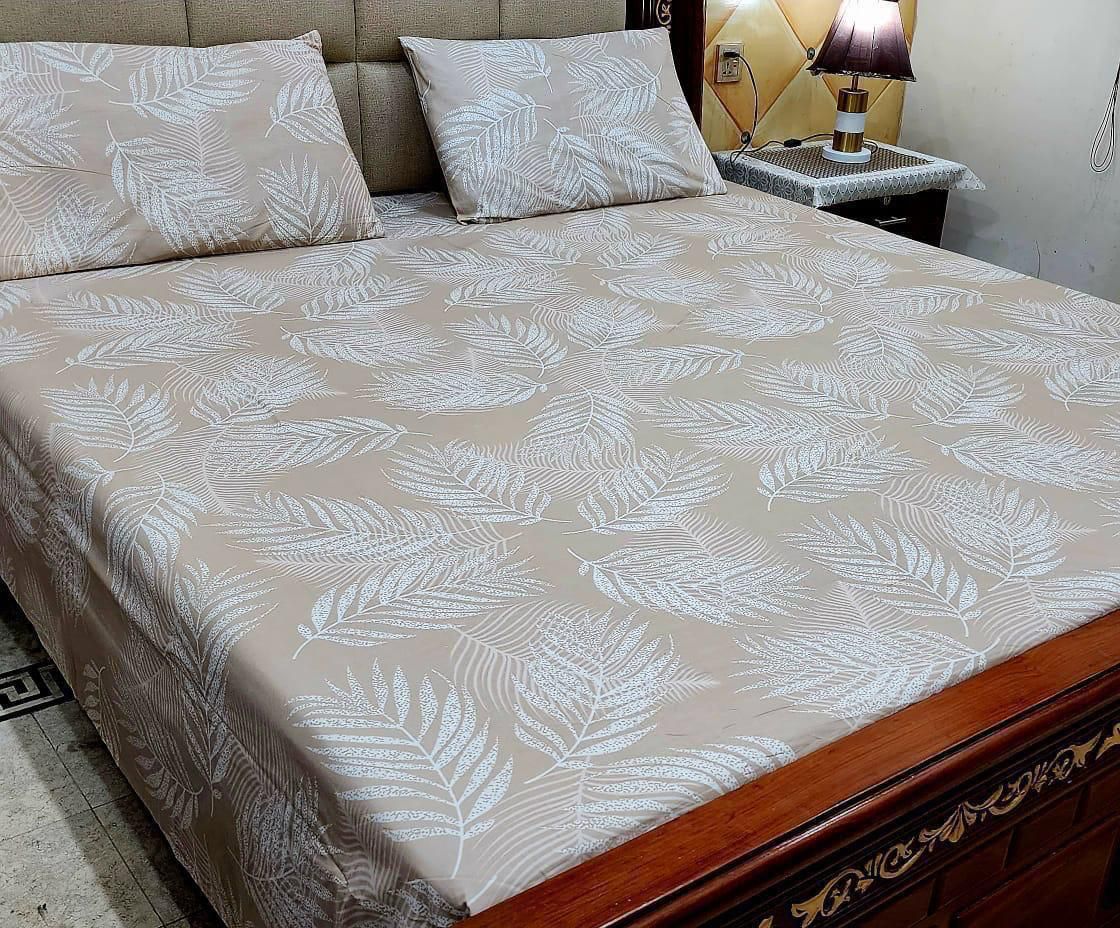 🌿 Beige Cotton Bedsheet with White Leaf Print