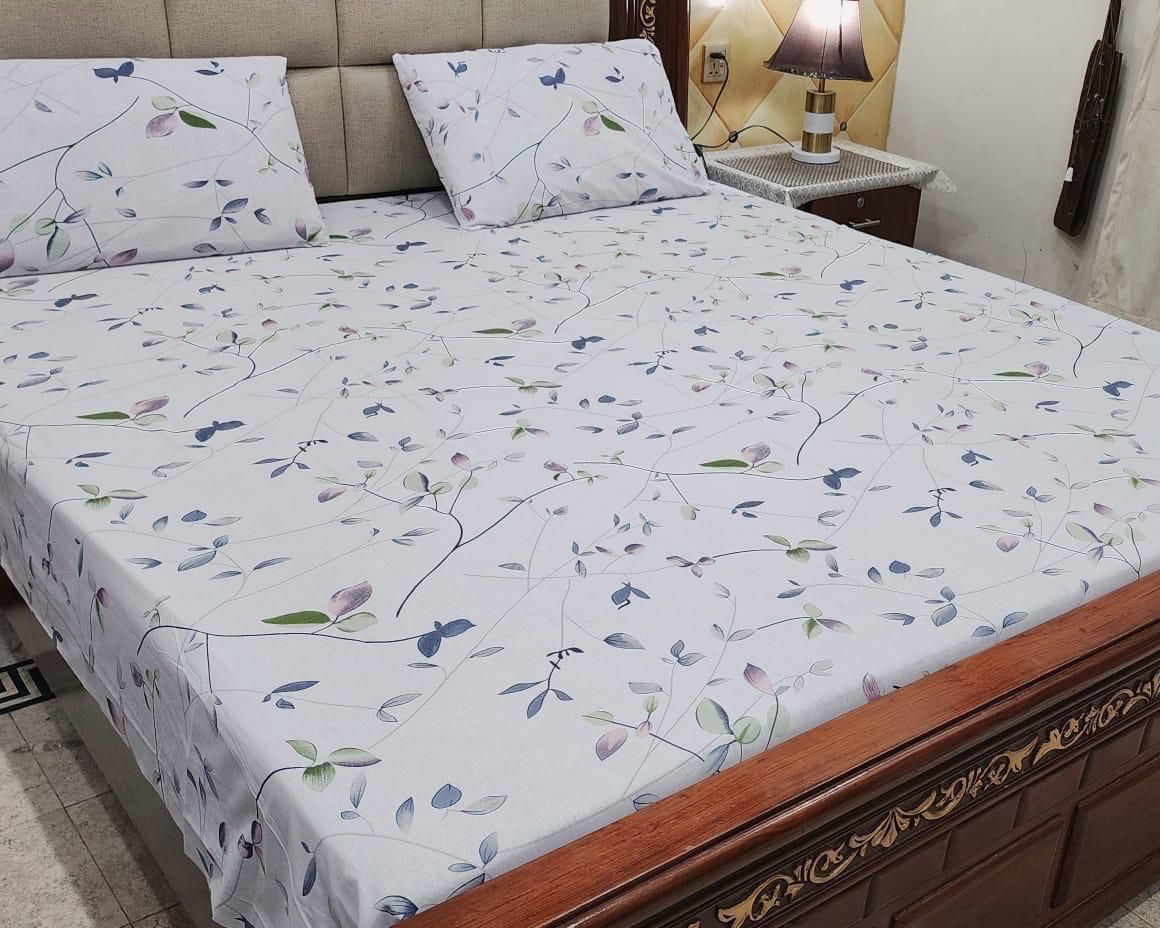 🌿 White Cotton Bedsheet with Leafy Pattern