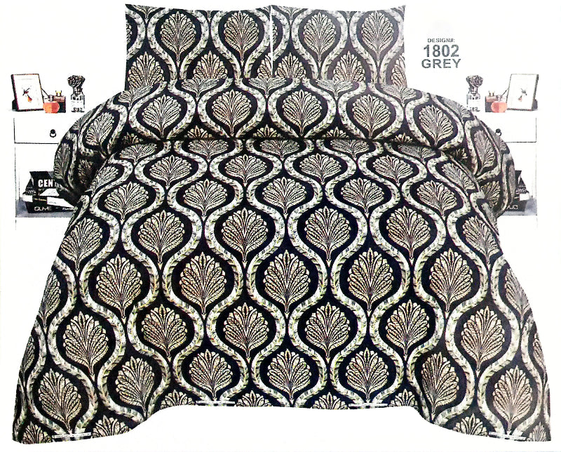 Bedding set with black and gold geometric pattern on a white background