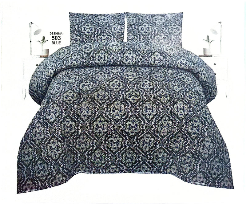 Blue patterned comforter set on a white background